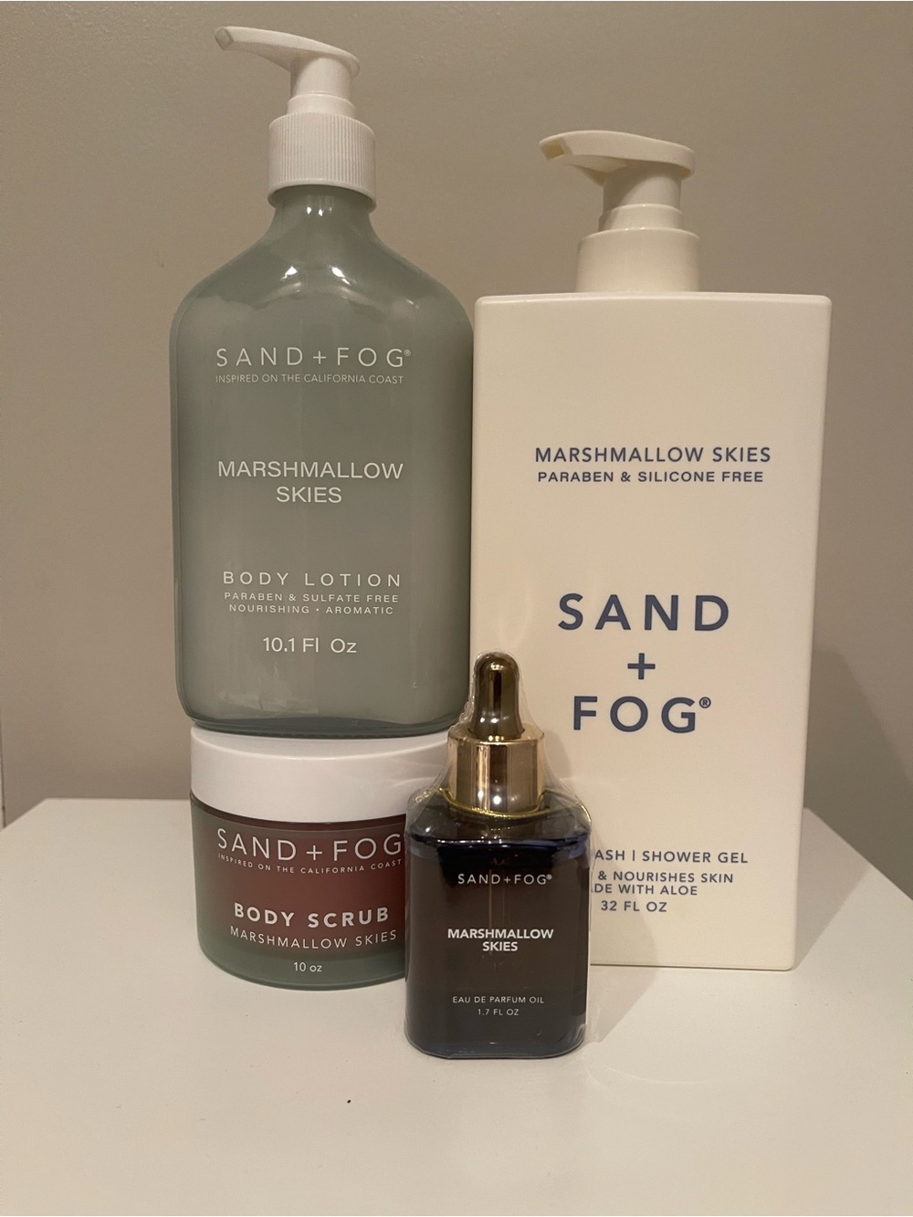 SAND + FOG Marshmallow Skies Body scrub, body wash, Lotion & Oil Set